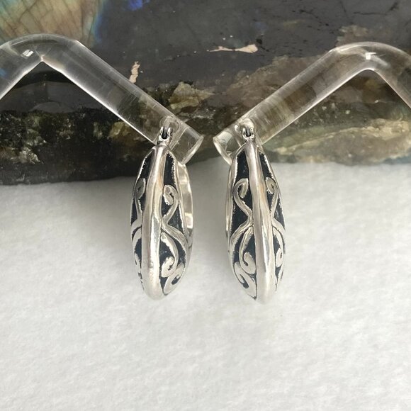 Sterling Silver 925 1" Scrollwork Bali Style Chunky Hoop Earrings Hinged Post - Picture 3 of 16